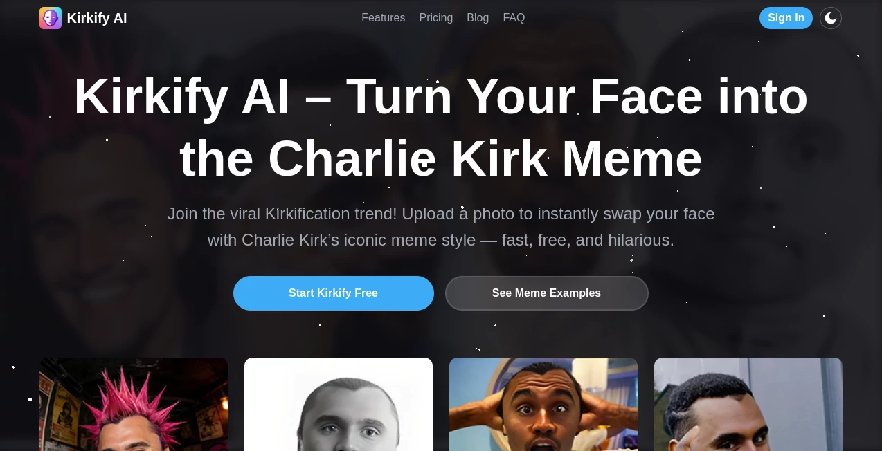 Screenshot of Kirkify Al – An AI tool in the ,Photo & Image Editor ,AI Image to Image ,AI Face Swap Generator ,AI Fun Tools  category, showcasing its interface and key features.
