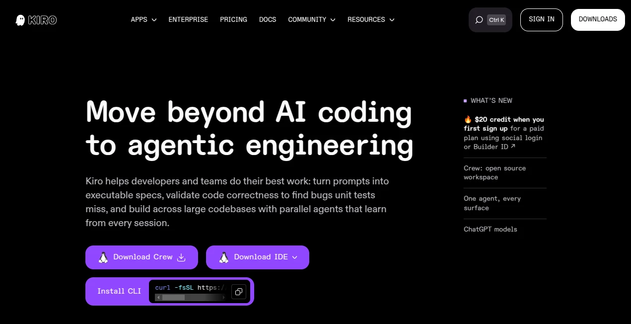 Screenshot of Kiro – An AI tool in the ,AI DevOps Assistant ,AI Code Assistant ,AI Code Generator ,AI Testing & QA ,AI Developer Tools  category, showcasing its interface and key features.