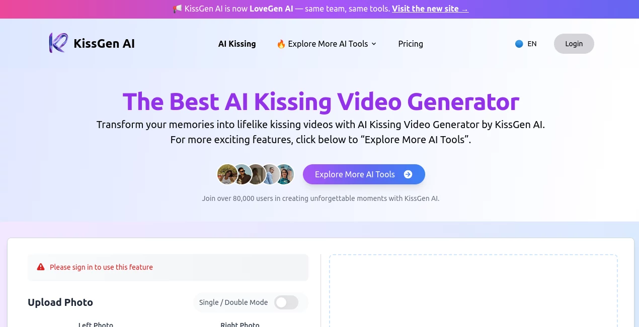 Screenshot of KissGen AI – An AI tool in the ,AI Animated Video ,AI Video Generator ,AI Short Clips Generator ,AI Face Swap Generator  category, showcasing its interface and key features.
