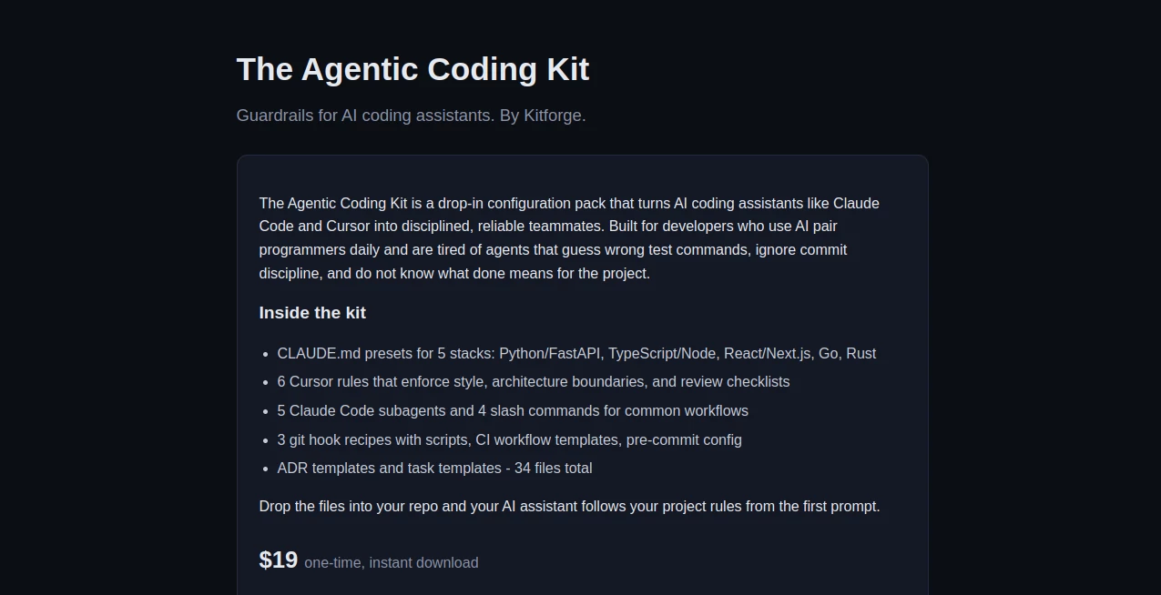 Screenshot of The Agentic Coding Kit – An AI tool in the ,AI Testing & QA ,AI Code Assistant ,Prompt ,AI Developer Tools  category, showcasing its interface and key features.