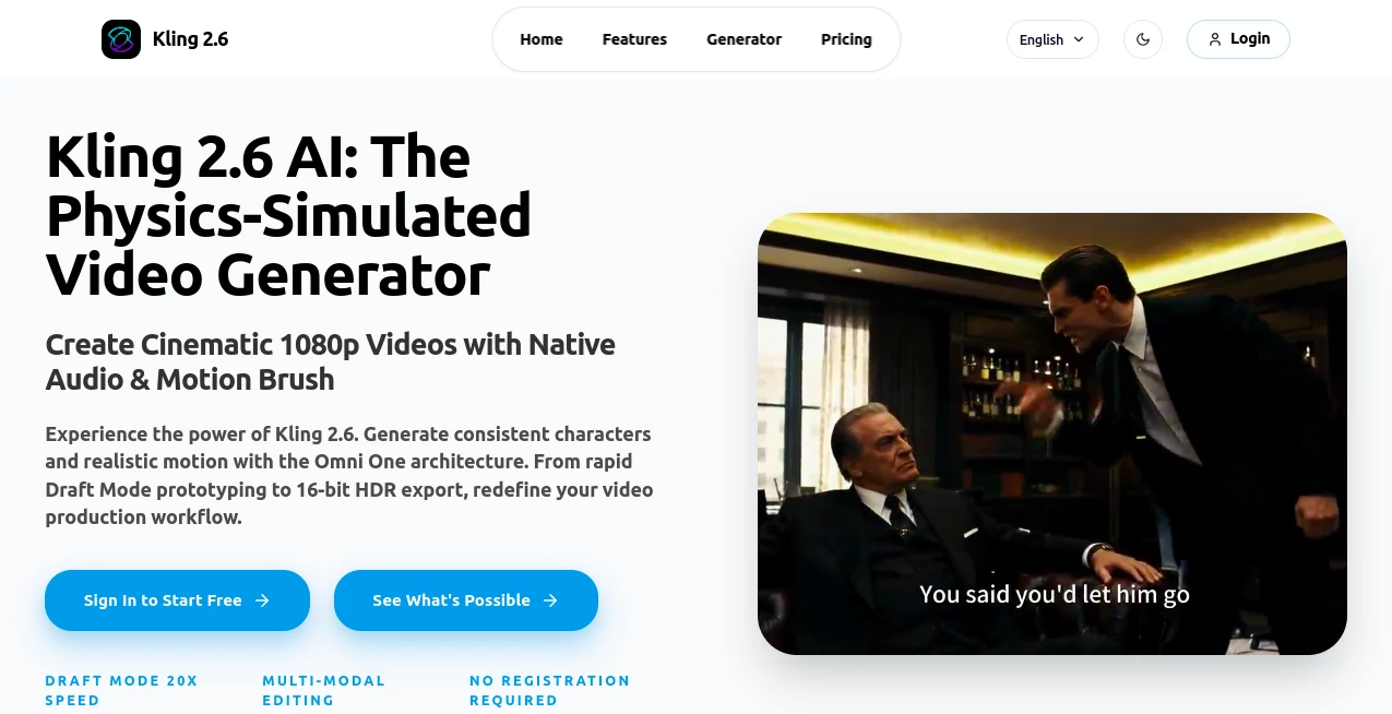 Screenshot of Kling 2.6 – An AI tool in the ,AI Animated Video ,AI Image to Video ,AI Video Generator ,AI Text to Video  category, showcasing its interface and key features.