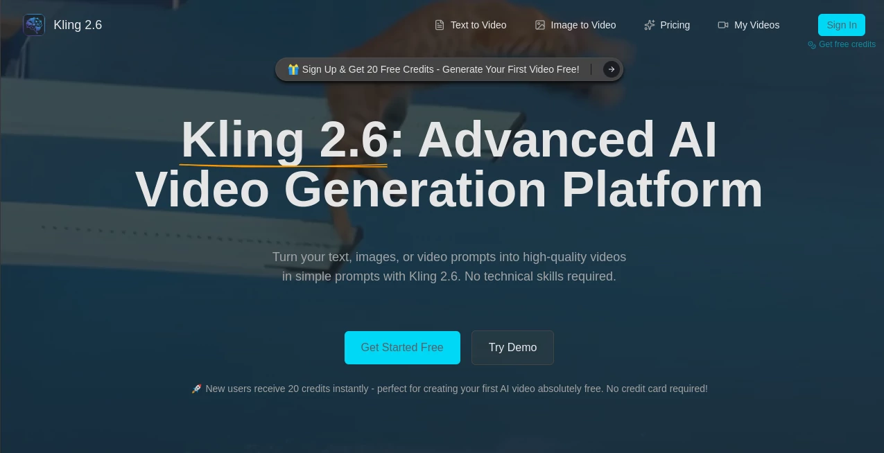 Screenshot of Kling 2.6 – An AI tool in the ,AI Image to Video ,AI Video Editor ,AI Text to Video ,AI Video Generator  category, showcasing its interface and key features.