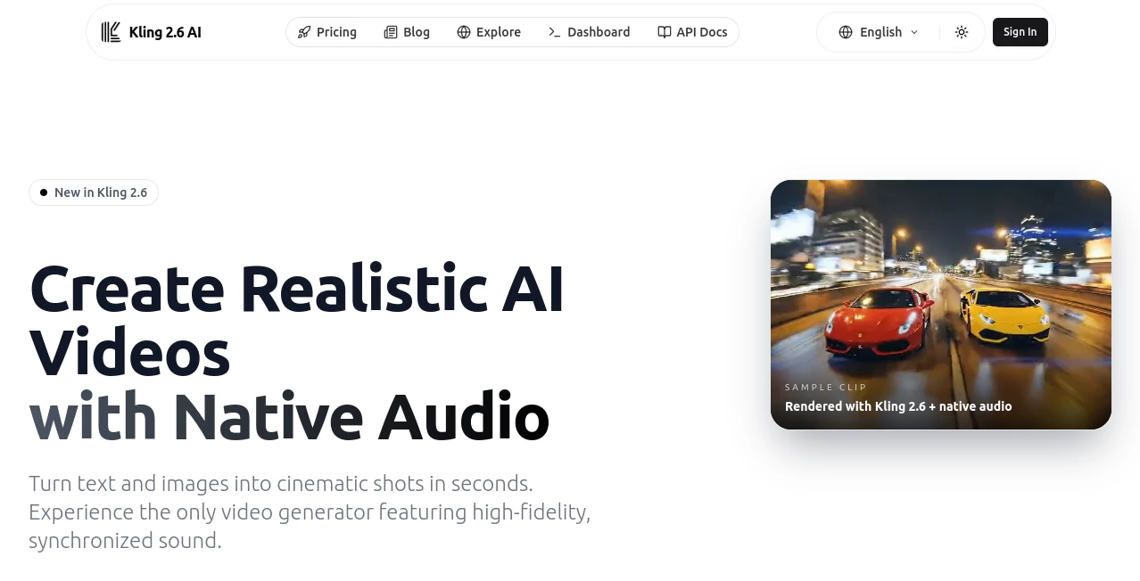 Screenshot of Kling 2.6 AI – An AI tool in the ,AI Animated Video ,AI Image to Video ,AI Text to Video ,AI Video Generator  category, showcasing its interface and key features.