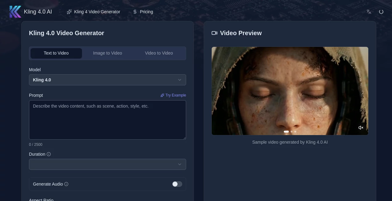 Screenshot of Kling 4.0 AI – An AI tool in the ,AI Animated Video ,AI Image to Video ,AI Video Generator ,AI Text to Video  category, showcasing its interface and key features.