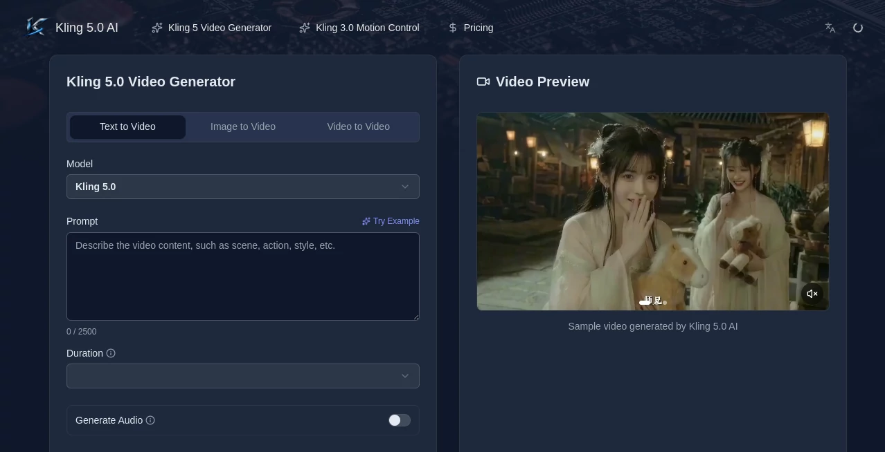 Screenshot of Kling 5.0 – An AI tool in the ,AI Animated Video ,AI Image to Video ,AI Video Generator ,AI Text to Video  category, showcasing its interface and key features.