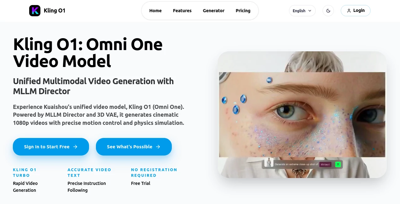 Screenshot of Kling O1 – An AI tool in the ,AI Animated Video ,AI Image to Video ,AI Text to Video ,AI Video Generator  category, showcasing its interface and key features.