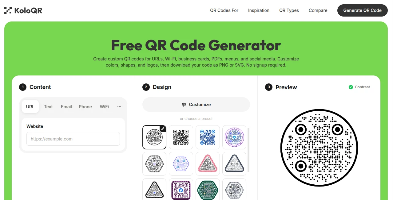 Screenshot of KoloQR – An AI tool in the ,AI Design Assistant ,AI Marketing Plan Generator ,AI Productivity Tools ,AI Business Ideas Generator  category, showcasing its interface and key features.