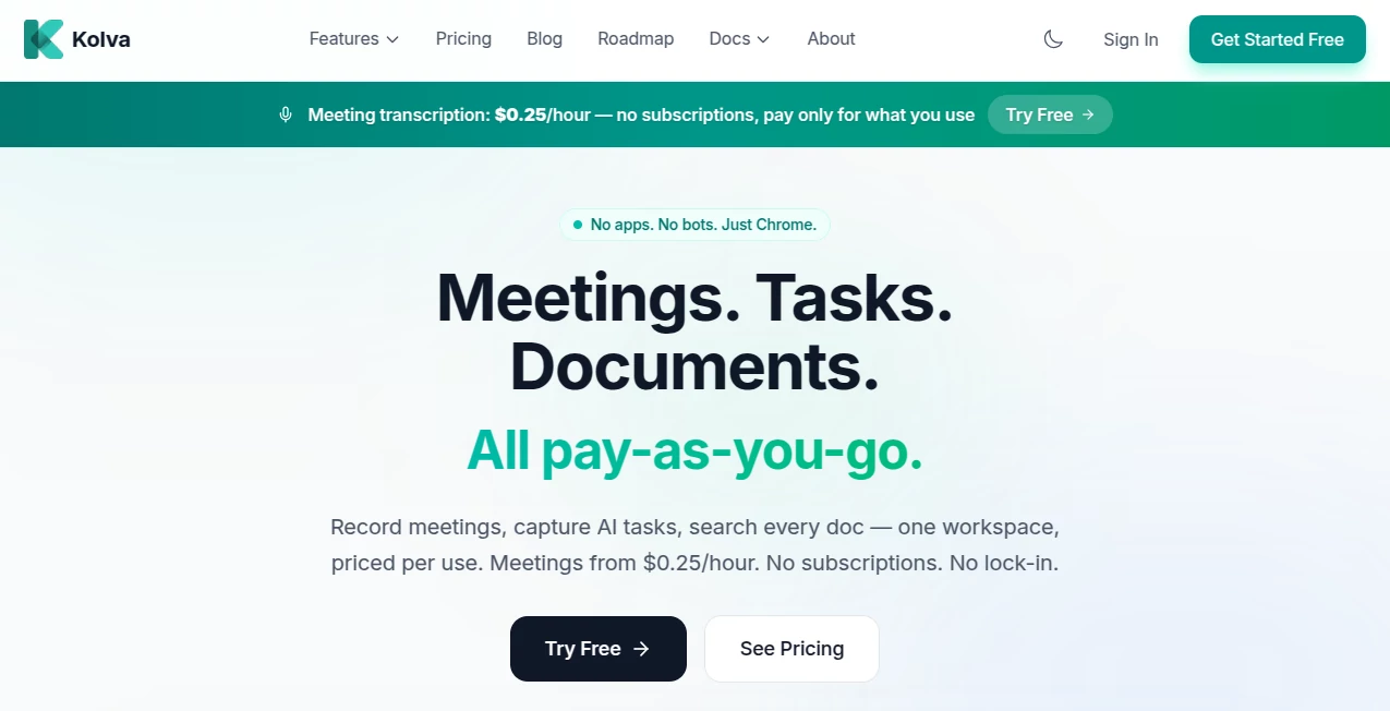 Screenshot of Kolva – An AI tool in the ,AI Productivity Tools ,AI Task Management ,AI Meeting Assistant ,AI Documents Assistant  category, showcasing its interface and key features.