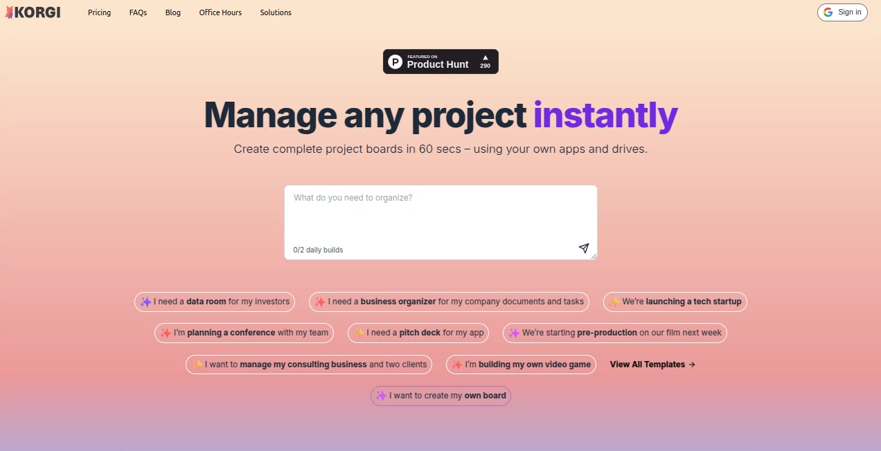 Screenshot of Korgi – An AI tool in the ,AI Productivity Tools ,AI Team Collaboration ,AI Workflow Management ,AI Project Management  category, showcasing its interface and key features.
