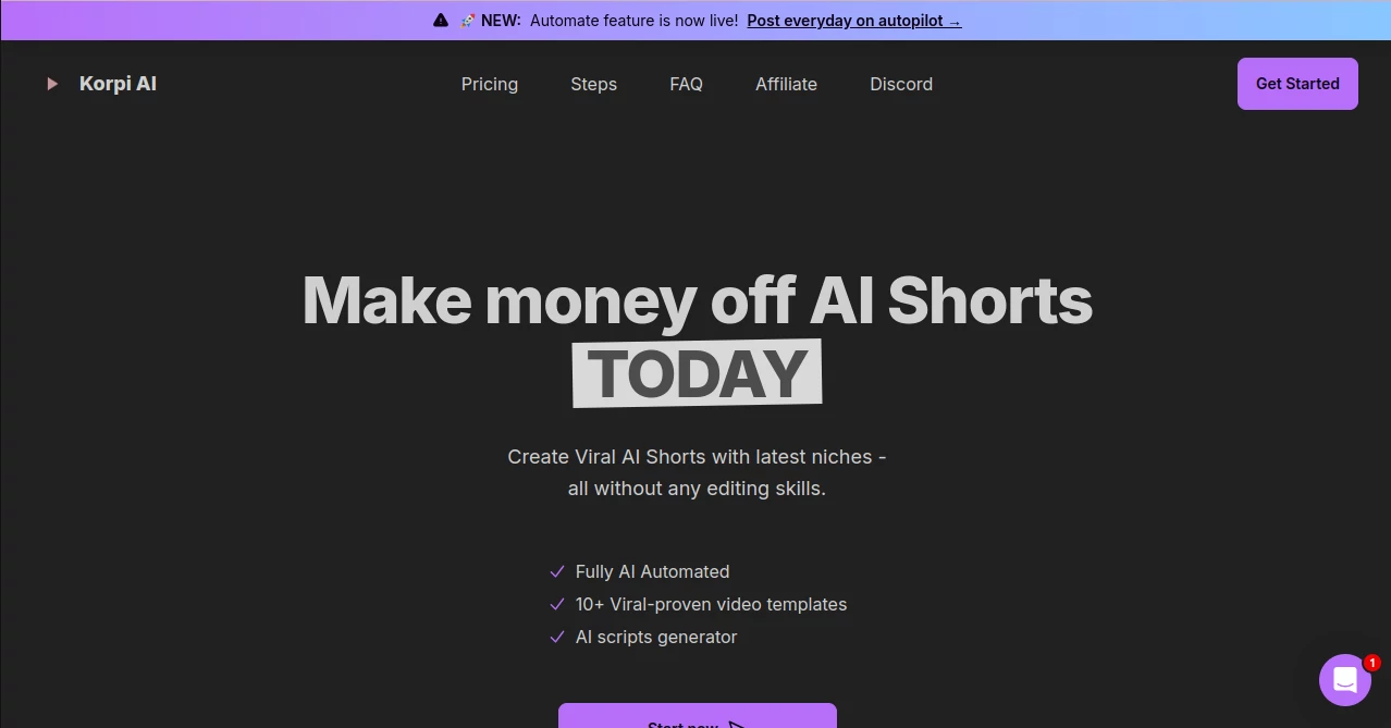 Screenshot of Korpi AI – An AI tool in the ,AI Text to Video ,AI UGC Video Generator ,AI Video Generator ,AI Short Clips Generator  category, showcasing its interface and key features.