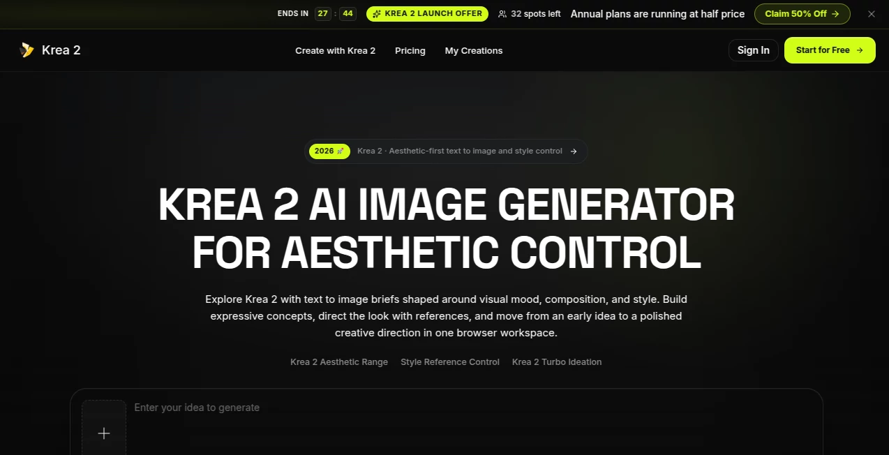 Screenshot of Krea 2 – An AI tool in the ,AI Text to Image ,AI Photo & Image Generator ,AI Art Generator ,AI Design Generator  category, showcasing its interface and key features.