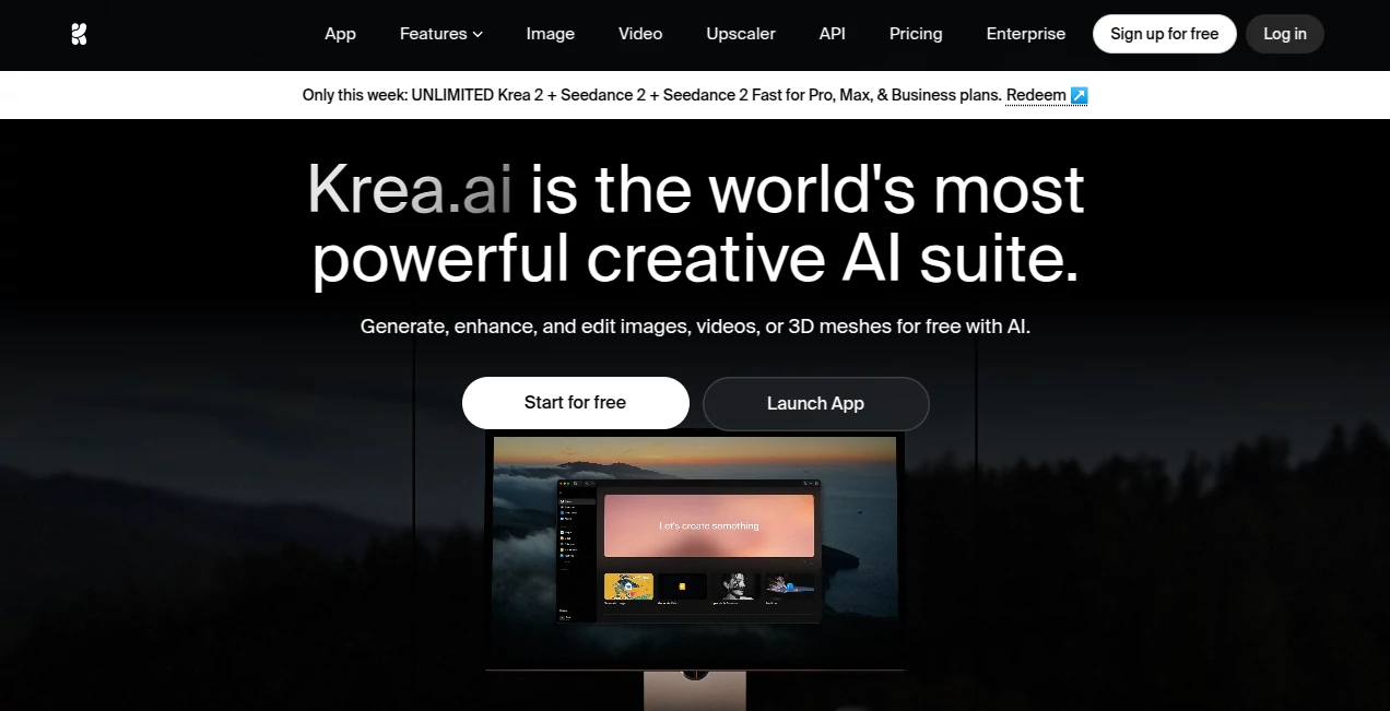 Screenshot of Krea AI – An AI tool in the ,AI Art Generator ,AI Design Generator ,AI Image to Image ,AI Text to Image  category, showcasing its interface and key features.