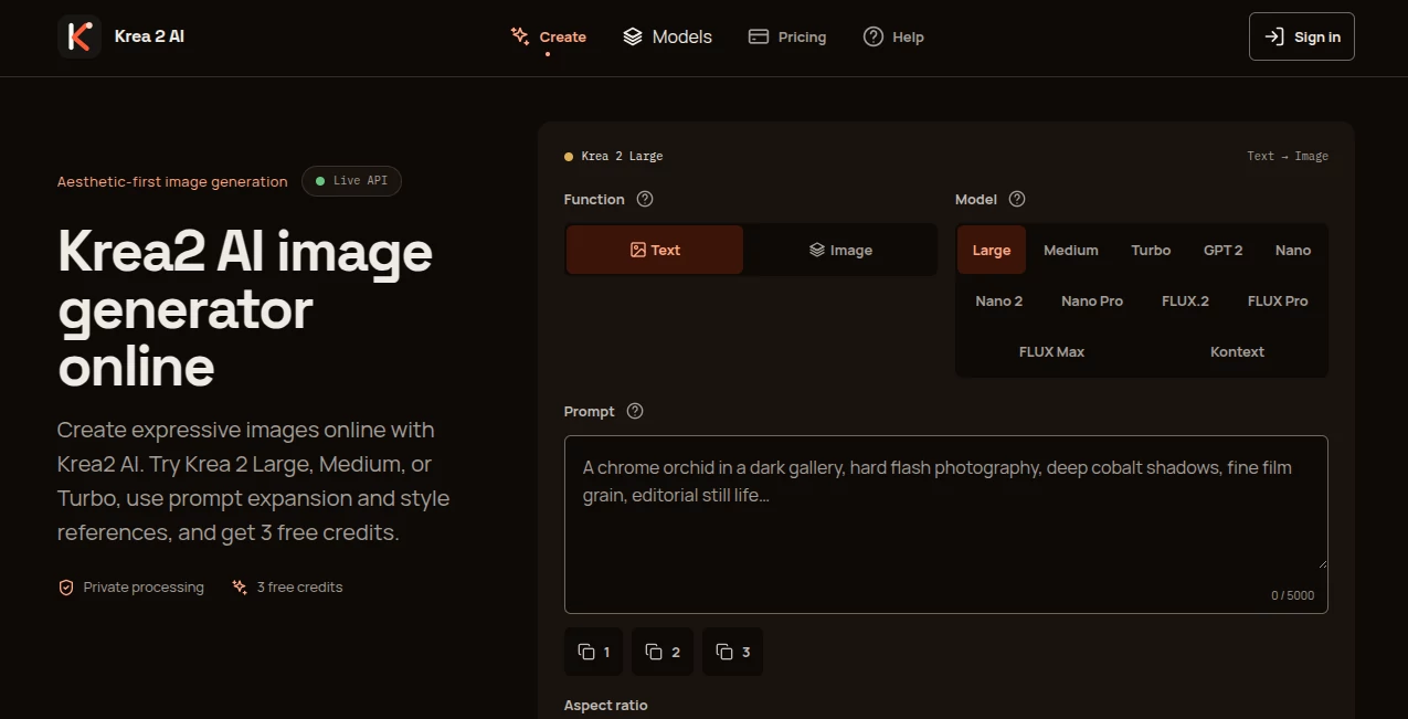 Screenshot of Krea 2 AI – An AI tool in the ,AI Text to Image ,AI Photo & Image Generator ,AI Illustration Generator ,AI Design Generator  category, showcasing its interface and key features.