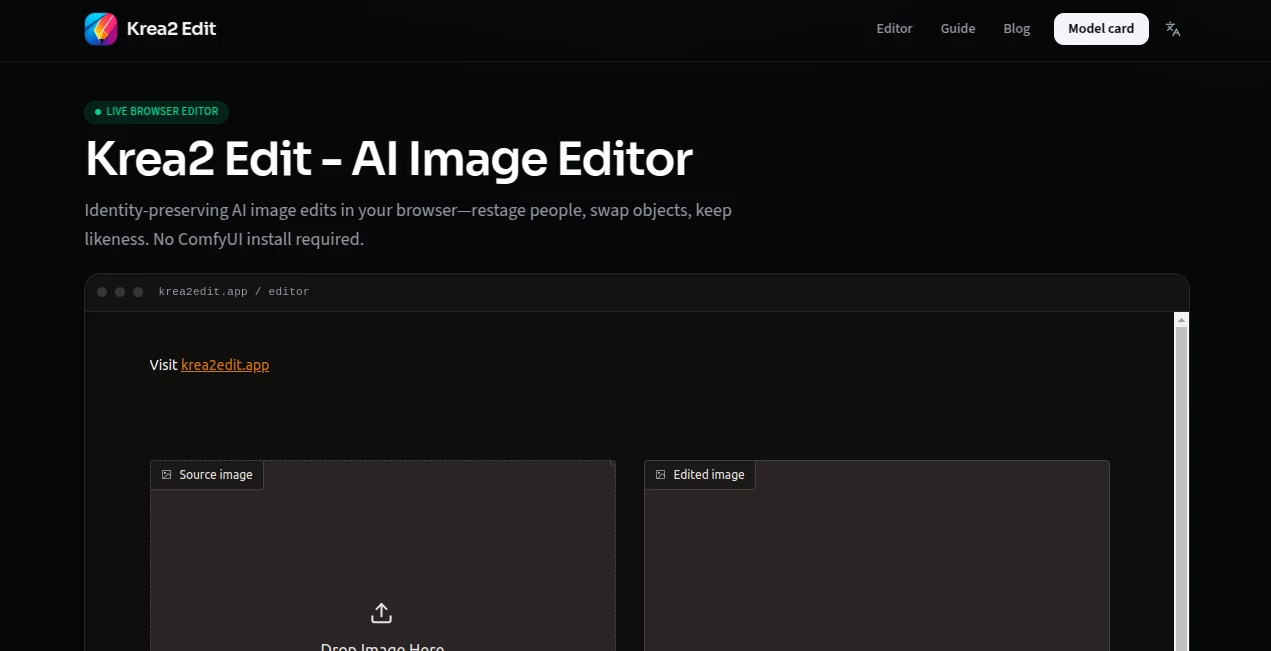 Screenshot of Krea2 Edit – An AI tool in the ,AI Design Assistant ,Photo & Image Editor ,AI Photo Enhancer ,AI Image to Image  category, showcasing its interface and key features.