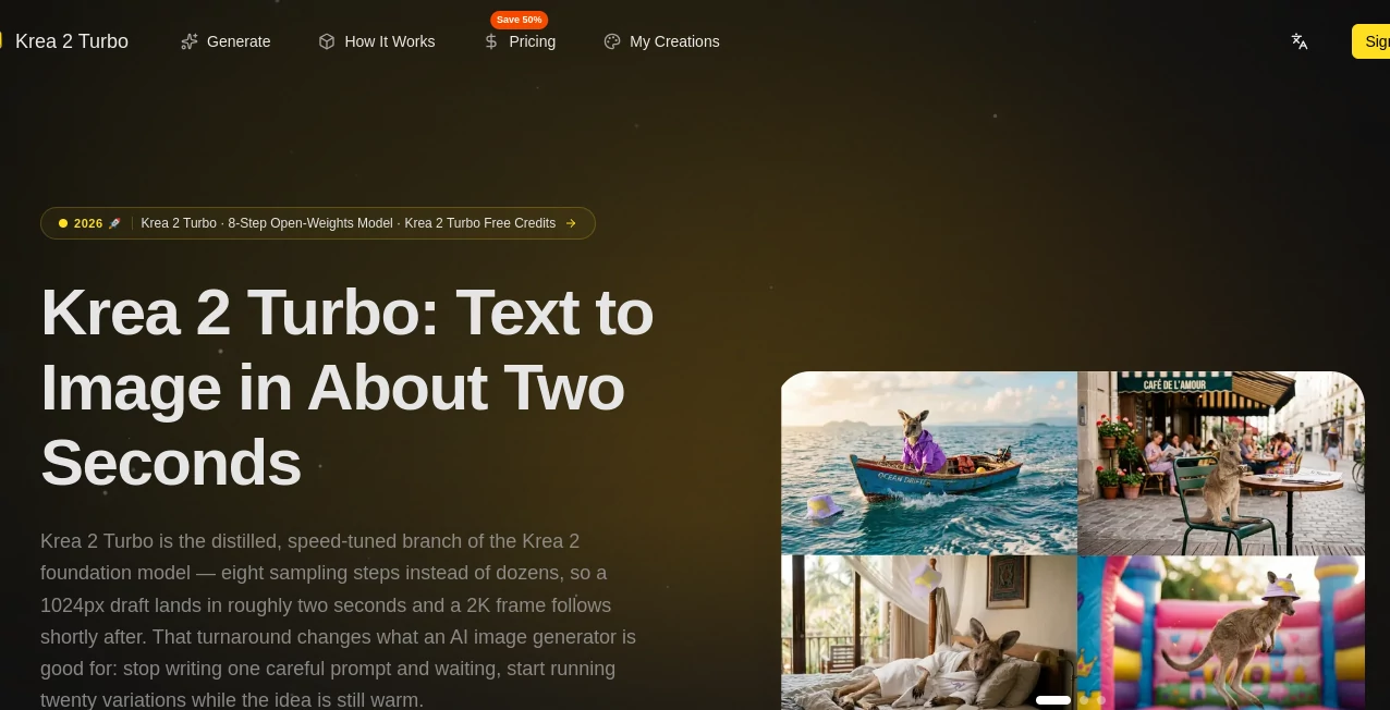 Screenshot of Krea 2 Turbo – An AI tool in the ,AI Text to Image ,AI Photo & Image Generator ,AI Illustration Generator ,AI Art Generator  category, showcasing its interface and key features.