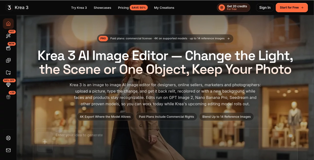 Screenshot of Krea 3 – An AI tool in the ,AI Background Generator ,Photo & Image Editor ,AI Image to Image ,Image  category, showcasing its interface and key features.