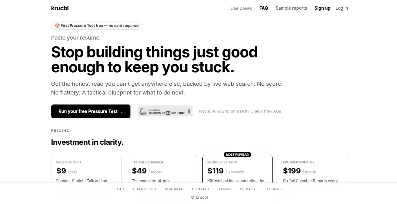Screenshot of krucbl – An AI tool in the ,AI Research Tool ,AI Business Ideas Generator ,AI Consulting Assistant  category, showcasing its interface and key features.