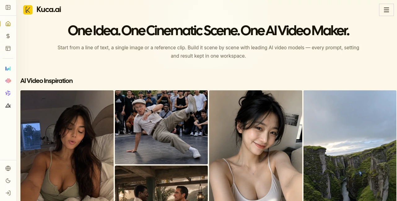 Screenshot of Kuca.ai – An AI tool in the ,AI Photo & Image Generator ,AI Image to Video ,AI Video Generator ,AI Video to Video  category, showcasing its interface and key features.