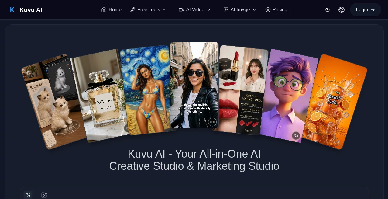 Screenshot of Kuvu AI – An AI tool in the ,AI Photo & Image Generator ,AI Image to Video ,AI Video Generator ,AI Text to Image  category, showcasing its interface and key features.