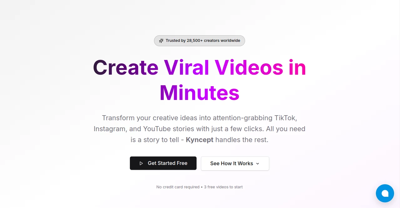 Screenshot of Kyncept – An AI tool in the ,AI Script Writing ,AI Video Generator ,AI Short Clips Generator ,AI Social Media Assistant  category, showcasing its interface and key features.