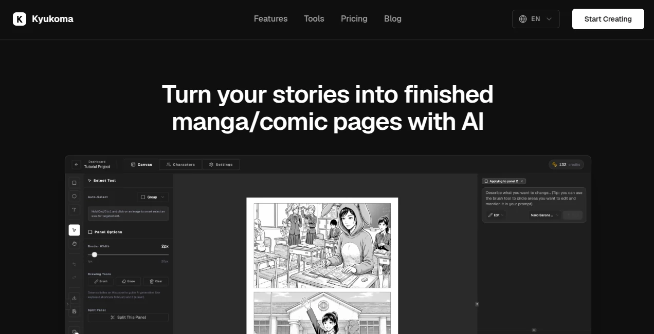 Screenshot of Kyukoma – An AI tool in the ,AI Photo & Image Generator ,AI Manga & Comic ,AI Design Generator ,AI Story Writing  category, showcasing its interface and key features.