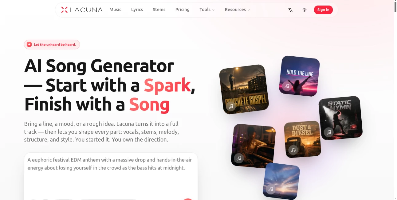 Screenshot of Lacuna – An AI tool in the ,AI Text to Music ,AI Audio Enhancer ,AI Music Generator ,AI Voice & Audio Editing  category, showcasing its interface and key features.