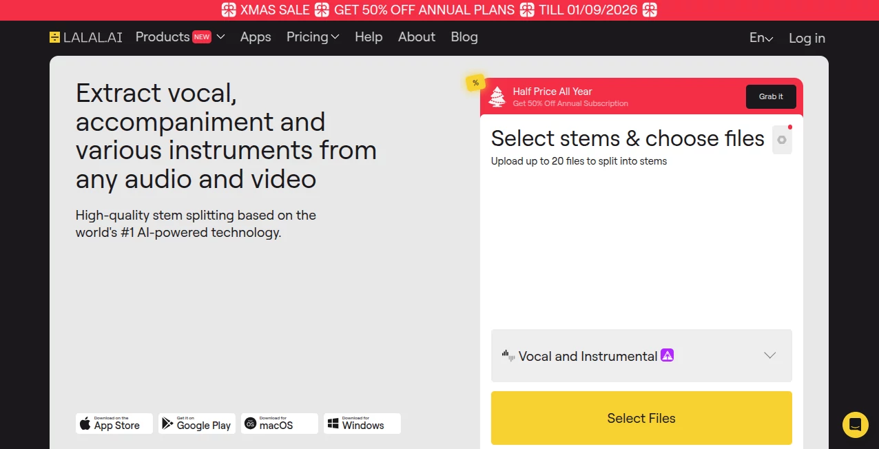 Screenshot of LALAL.AI – An AI tool in the ,AI Audio Enhancer ,AI Music Generator ,AI Voice & Audio Editing  category, showcasing its interface and key features.