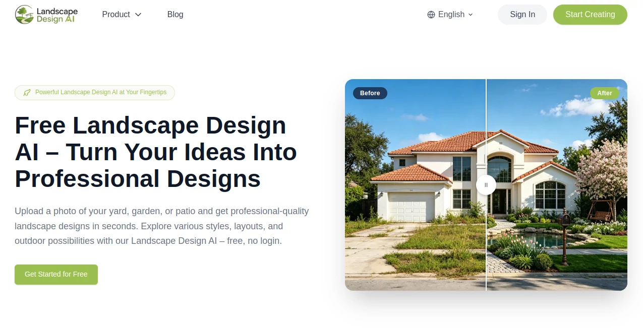 Screenshot of Landscape Design AI – An AI tool in the ,AI Art Generator ,AI Design Generator ,AI Interior & Room Design  category, showcasing its interface and key features.