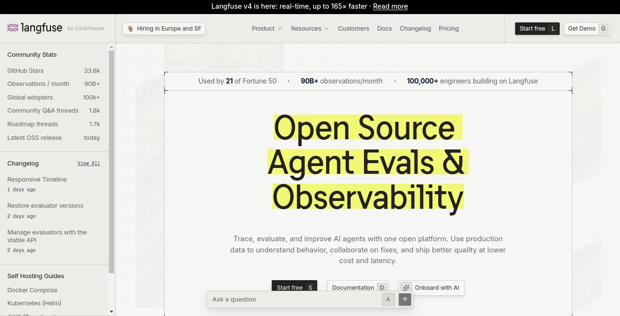 Screenshot of Langfuse – An AI tool in the ,AI Testing & QA ,Large Language Models (LLMs) ,AI Analytics Assistant ,AI Developer Tools  category, showcasing its interface and key features.