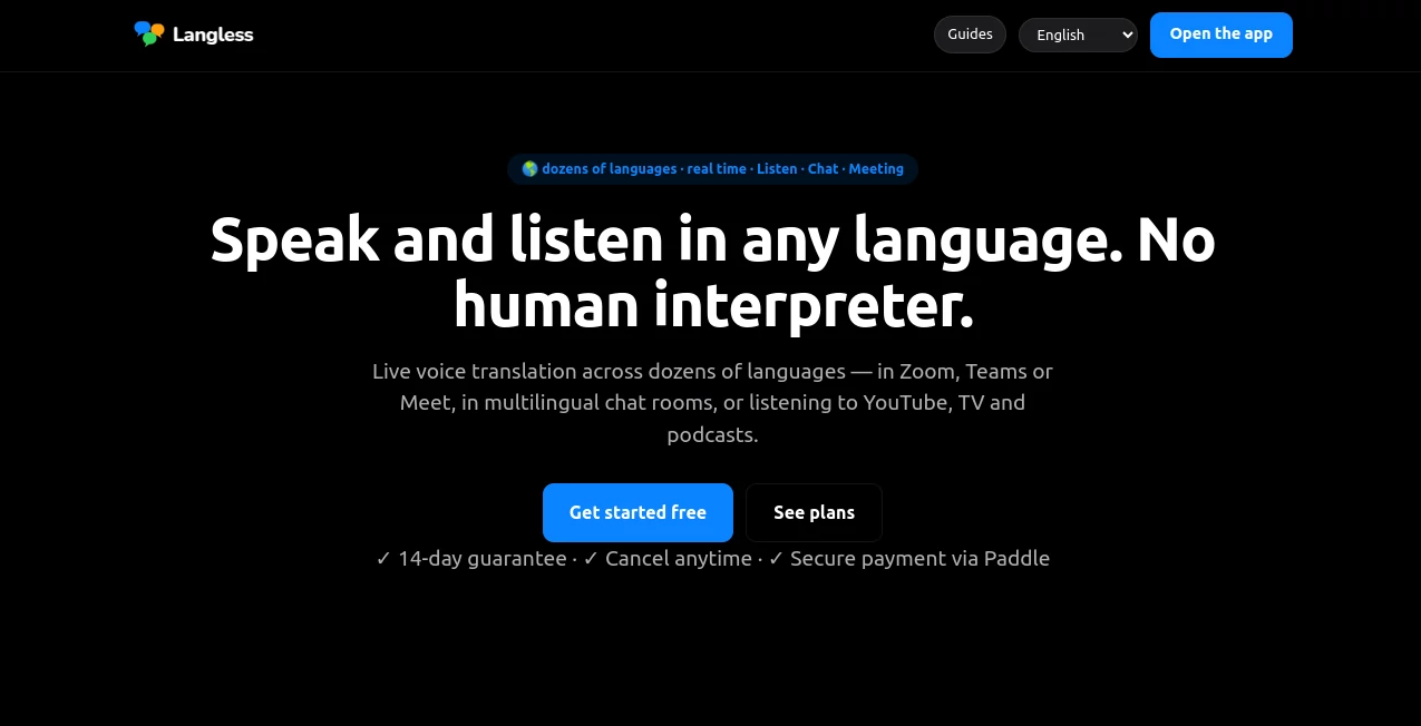 Screenshot of Langless – An AI tool in the ,AI Productivity Tools ,AI Speech Recognition ,AI Meeting Assistant ,AI Voice Assistants  category, showcasing its interface and key features.
