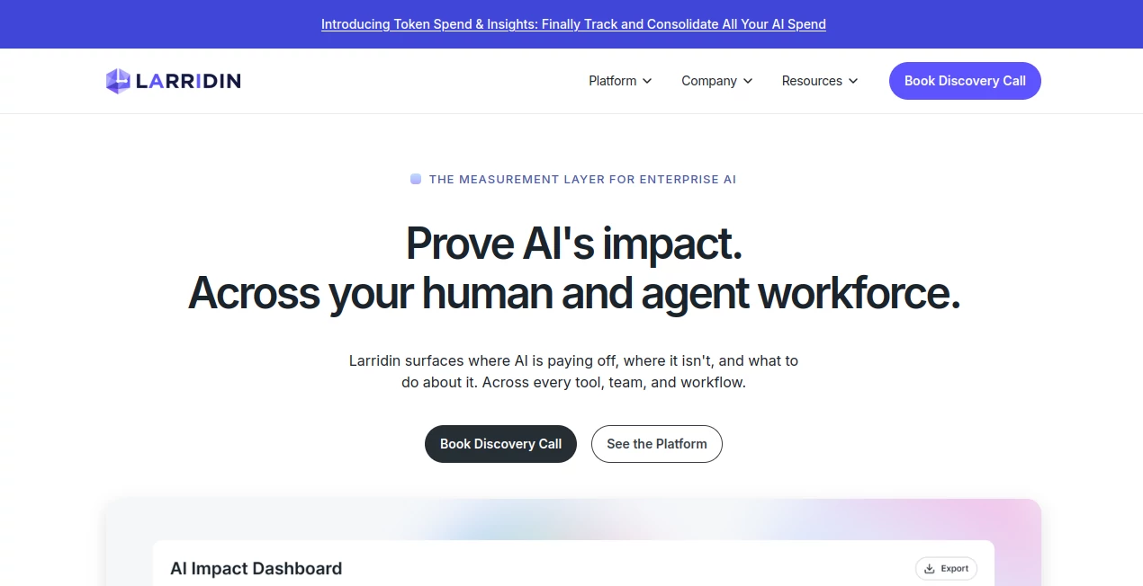 Screenshot of Larridin – An AI tool in the ,AI Workflow Management ,AI Productivity Tools ,AI Analytics Assistant  category, showcasing its interface and key features.