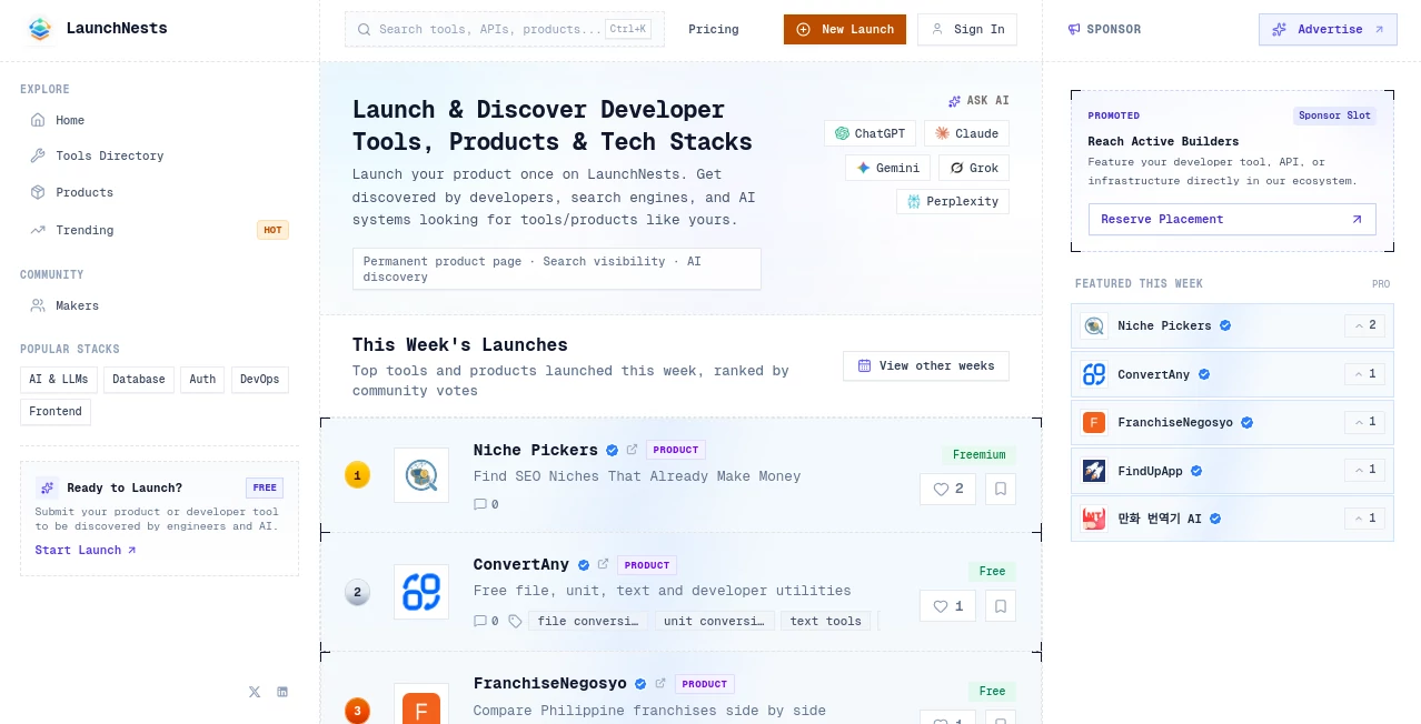 Screenshot of LaunchNests – An AI tool in the ,AI Tools Directory ,Other  category, showcasing its interface and key features.