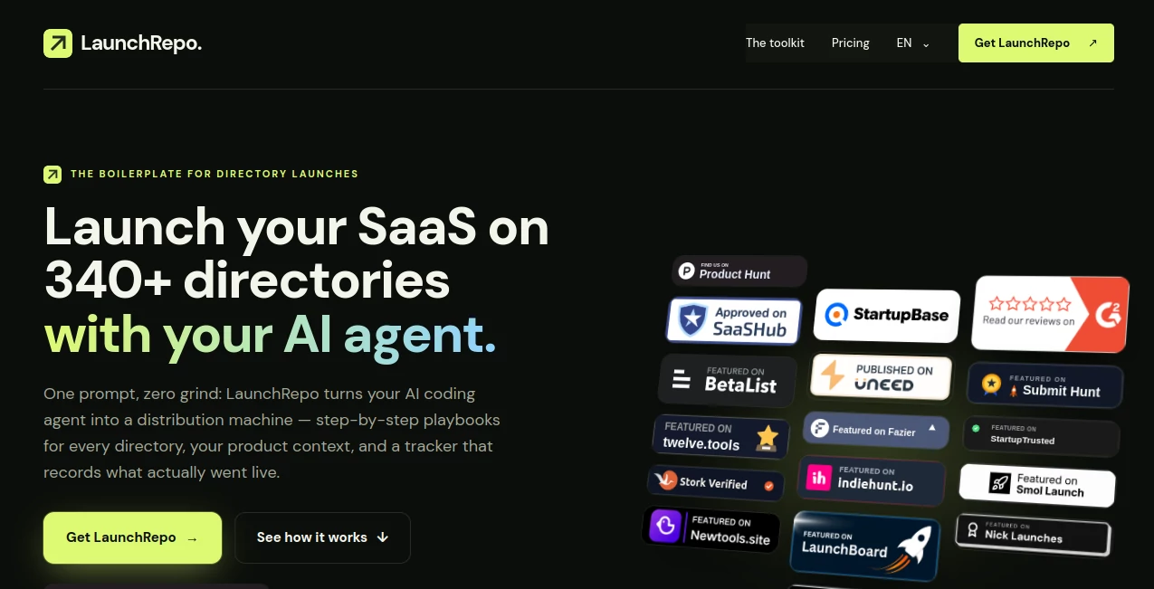 Screenshot of LaunchRepo – An AI tool in the ,AI Workflow Management ,AI Marketing Plan Generator ,AI Business Ideas Generator ,AI Developer Tools  category, showcasing its interface and key features.