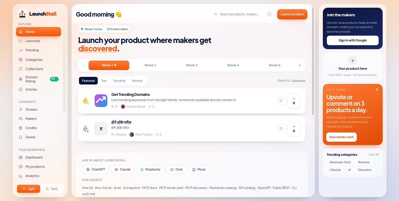 Screenshot of LaunchStall – An AI tool in the ,AI Tools Directory ,Business  category, showcasing its interface and key features.