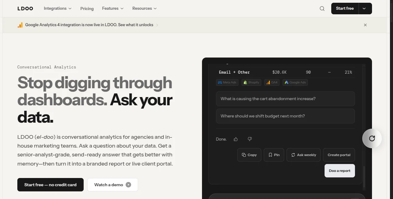 Screenshot of LDOO – An AI tool in the ,AI Analytics Assistant ,AI CRM Assistant ,AI Marketing Plan Generator ,AI Productivity Tools  category, showcasing its interface and key features.
