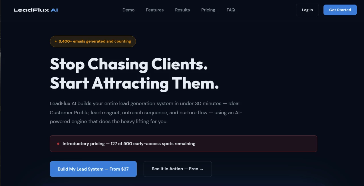 Screenshot of LeadFlux AI – An AI tool in the ,AI Lead Generation ,AI Marketing Plan Generator ,AI Digital Marketing Generator ,AI Email Marketing  category, showcasing its interface and key features.