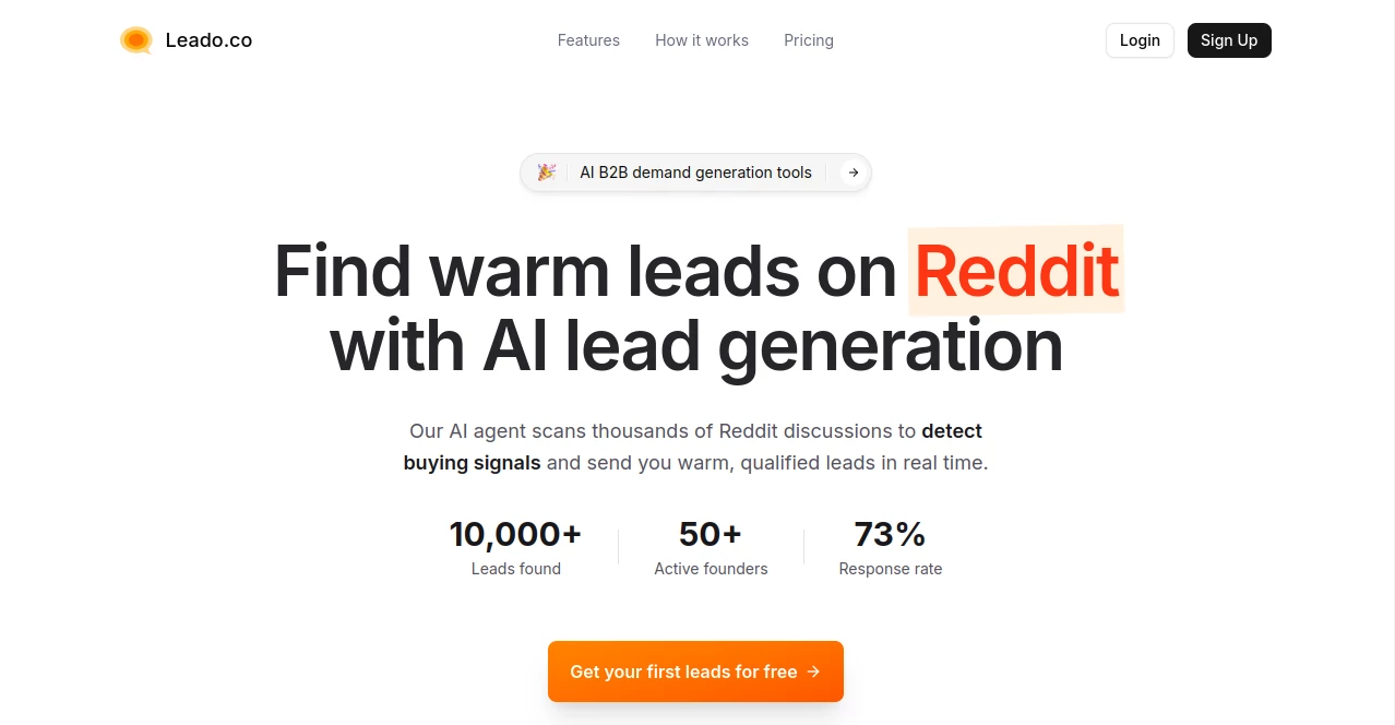 Screenshot of Leado.co – An AI tool in the ,AI Lead Generation ,AI Marketing Plan Generator ,AI Social Media Assistant ,AI Response Generator  category, showcasing its interface and key features.