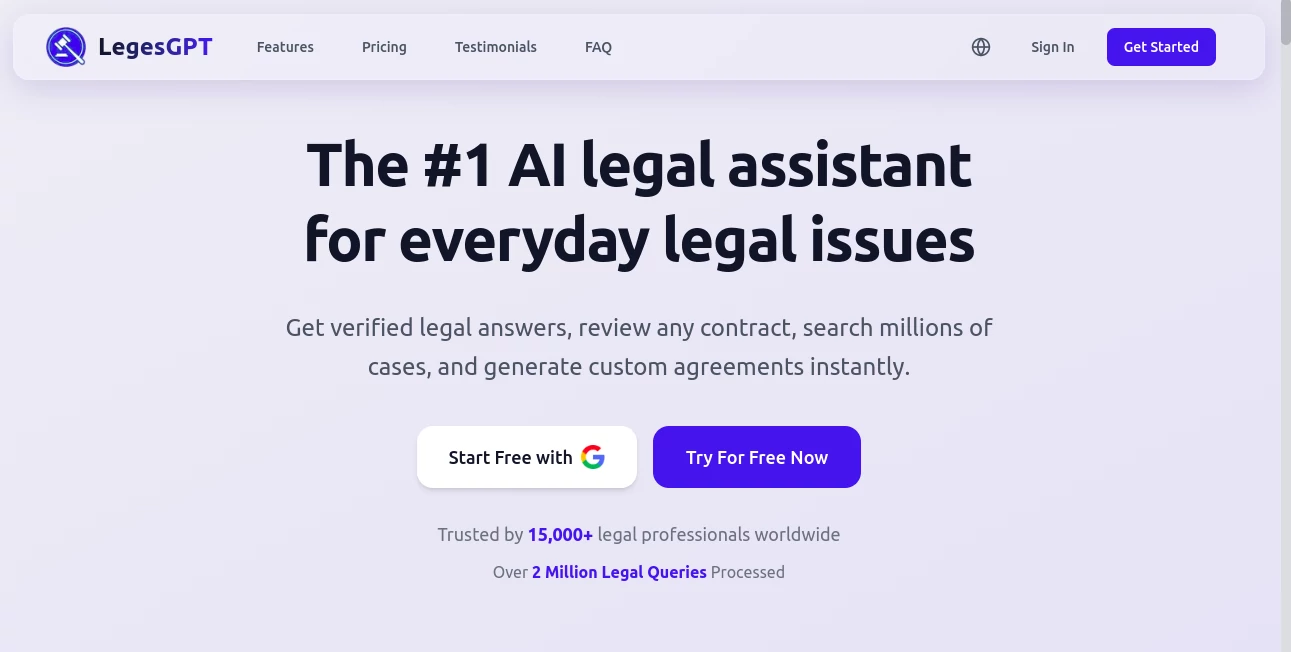 Screenshot of LegesGPT – An AI tool in the ,AI Research Tool ,AI Legal Assistant ,AI Contract Management  category, showcasing its interface and key features.