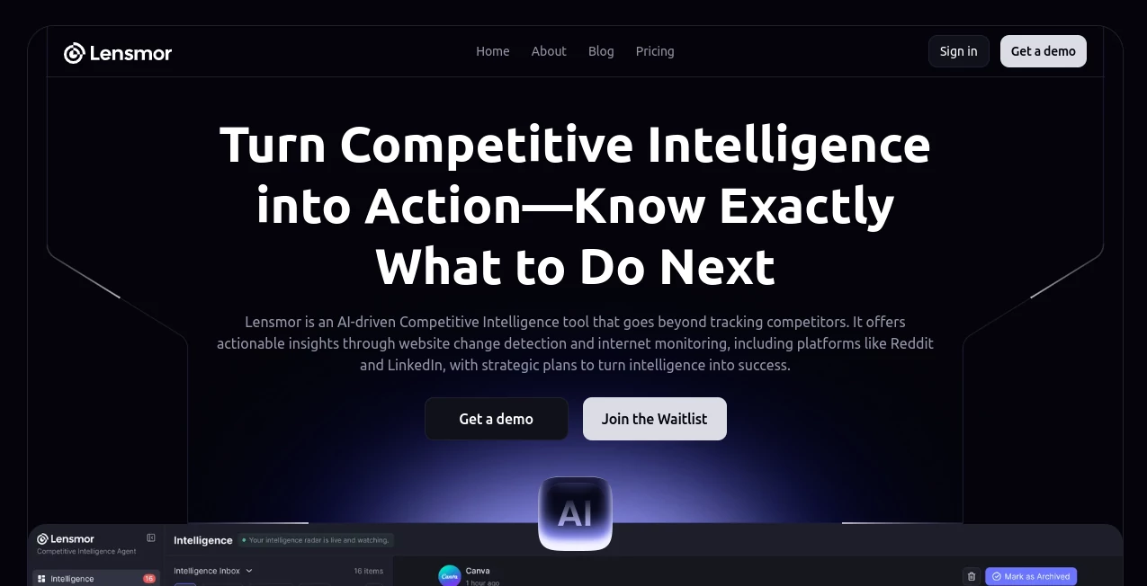 Screenshot of Lensmor – An AI tool in the ,AI Marketing Plan Generator ,AI Research Tool ,AI Business Ideas Generator ,AI Analytics Assistant  category, showcasing its interface and key features.