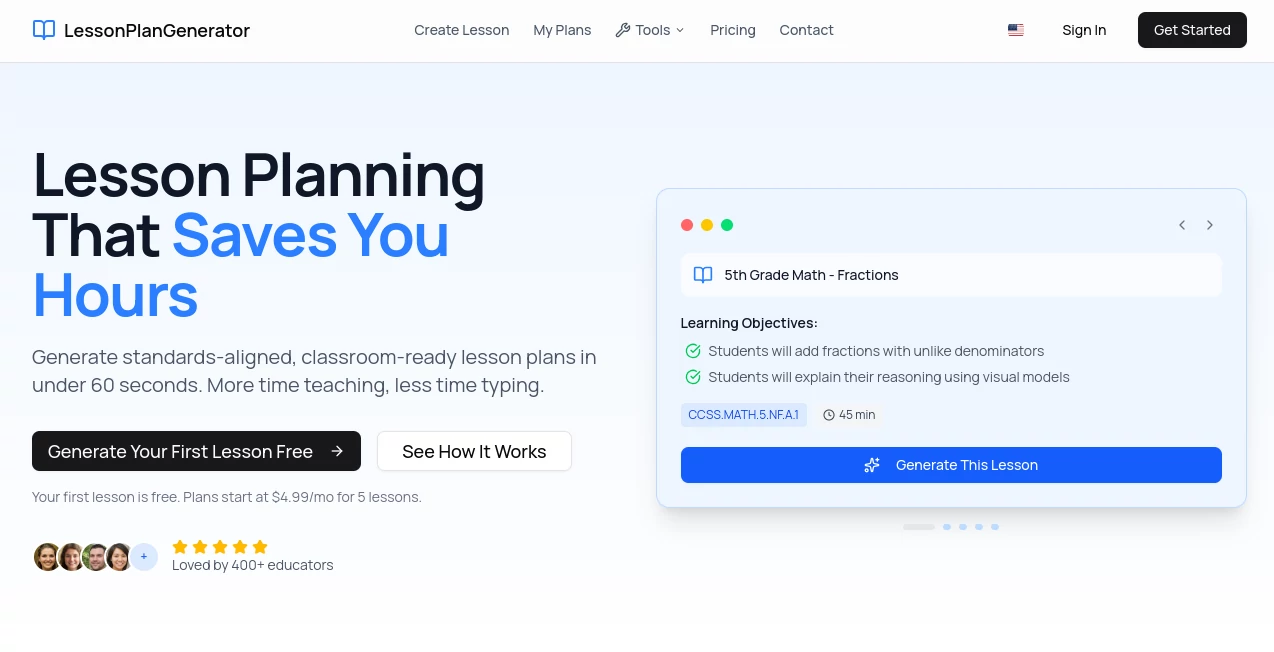 Screenshot of LessonPlanGenerator – An AI tool in the ,AI Knowledge Management ,AI Content Generator ,AI Productivity Tools ,AI Education Assistant  category, showcasing its interface and key features.