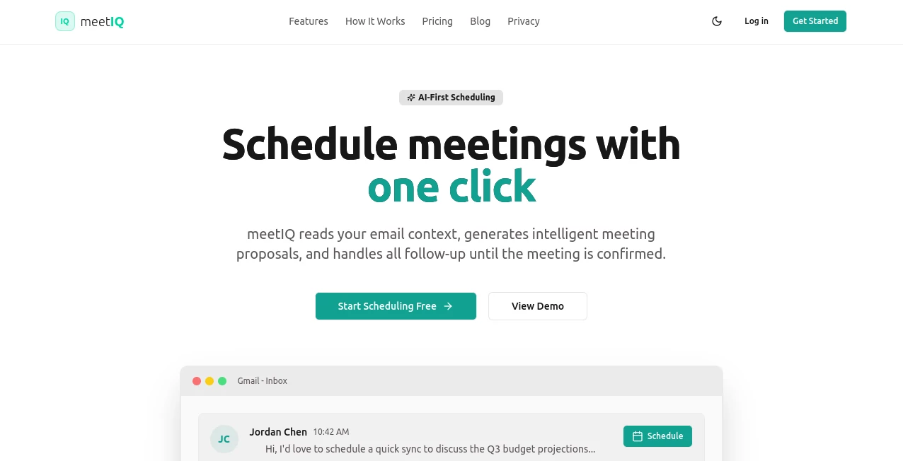 Screenshot of meetIQ – An AI tool in the ,AI Productivity Tools ,AI Team Collaboration ,AI Meeting Assistant ,AI Scheduling  category, showcasing its interface and key features.