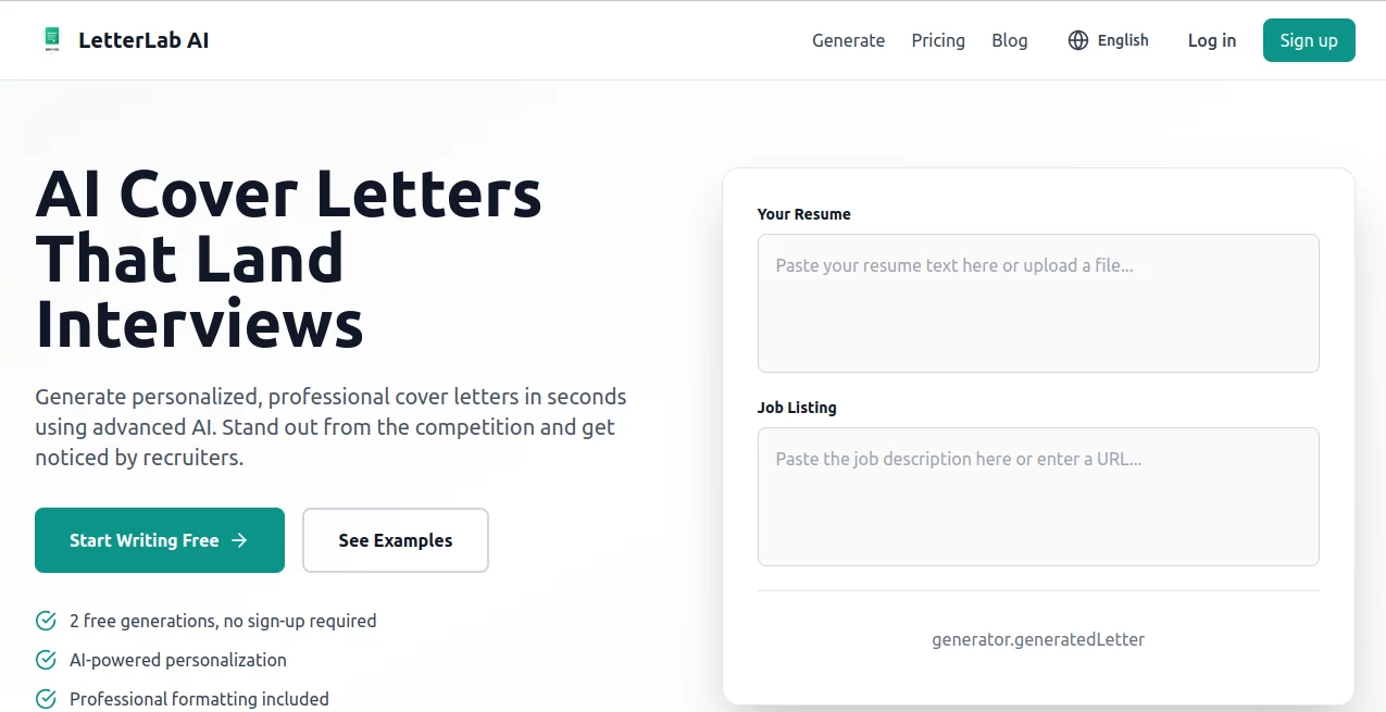 Screenshot of LetterLab AI – An AI tool in the ,AI Writing Assistants ,AI Recruiting ,AI Resume Builder ,AI Cover Letter Generator  category, showcasing its interface and key features.