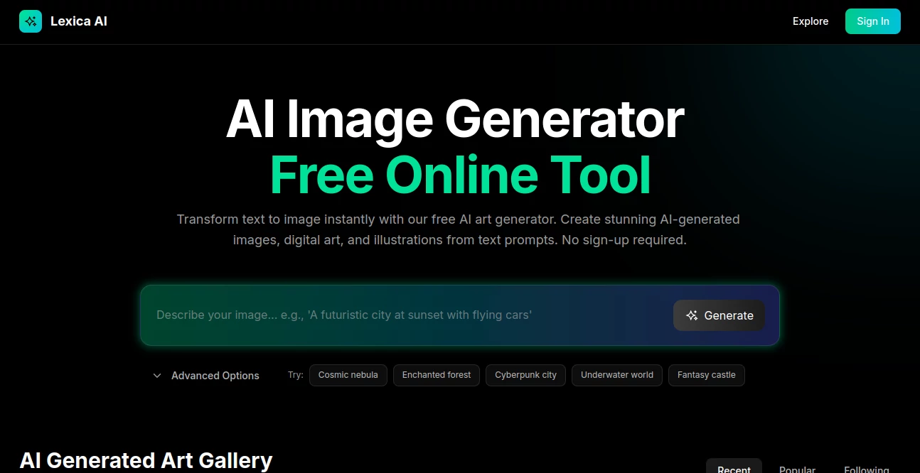 Screenshot of Lexica AI – An AI tool in the ,AI Photo & Image Generator ,AI Art Generator ,AI Design Generator ,AI Text to Image  category, showcasing its interface and key features.