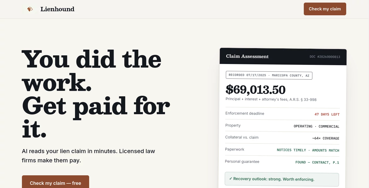 Screenshot of Lienhound – An AI tool in the ,AI Research Tool ,AI Legal Assistant ,AI Productivity Tools ,AI Document Extraction  category, showcasing its interface and key features.