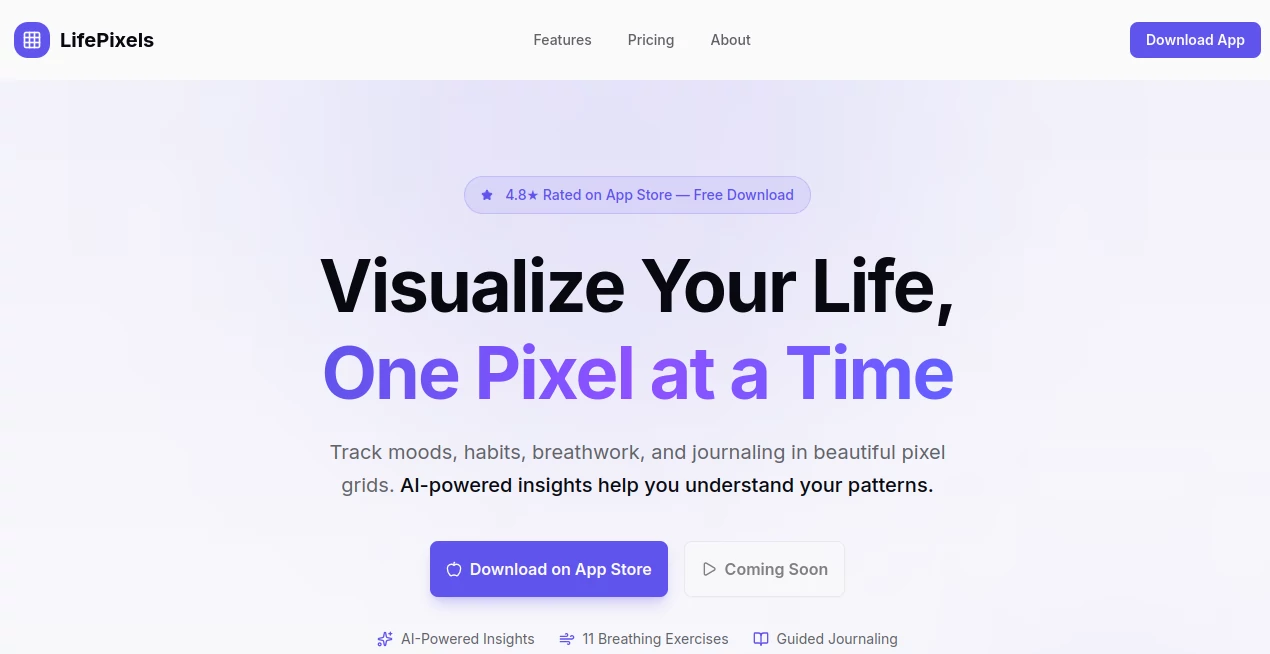 Screenshot of LifePixels – An AI tool in the ,AI Life Assistant ,AI Fitness ,AI Mental Health ,AI Coaching  category, showcasing its interface and key features.