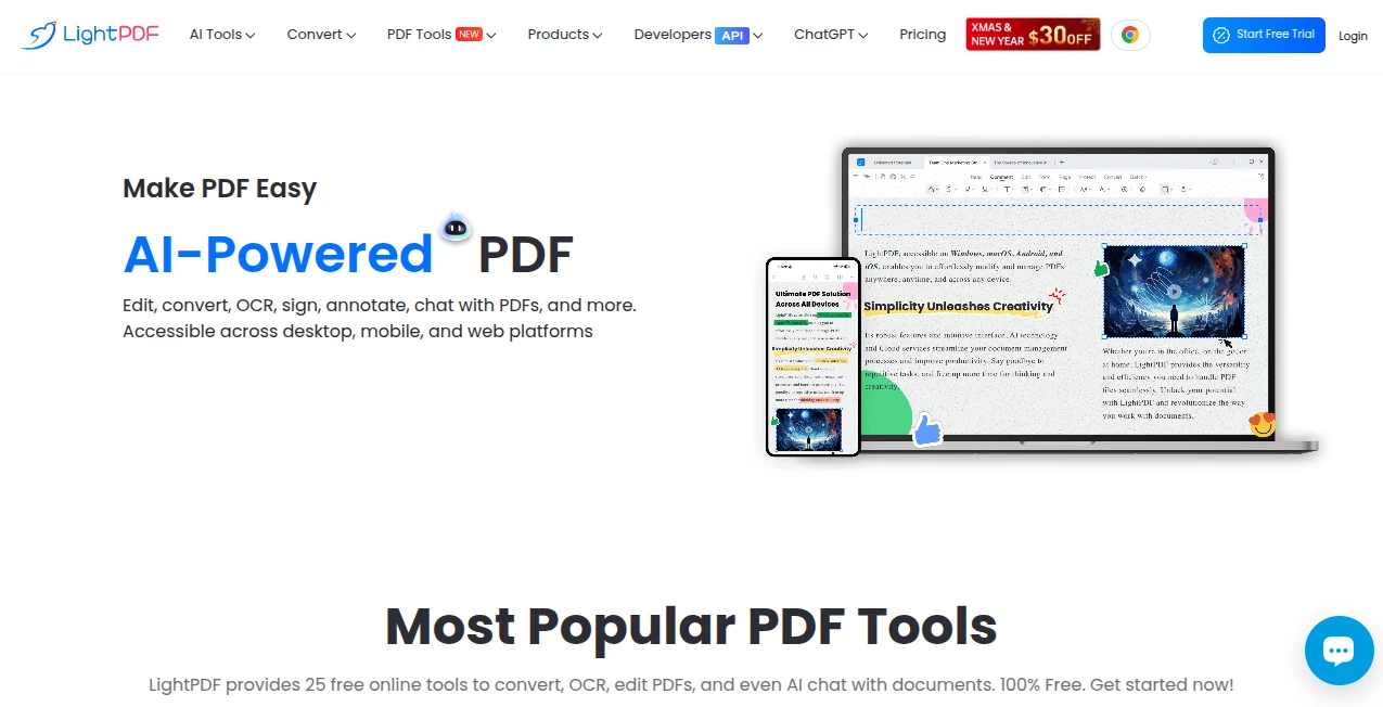 Screenshot of LightPDF – An AI tool in the ,AI Documents Assistant ,AI PDF ,AI Summarizer ,AI Files Assistant  category, showcasing its interface and key features.