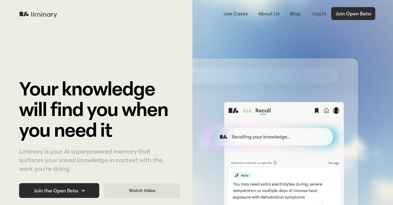 Screenshot of liminary – An AI tool in the ,AI Knowledge Management ,AI Research Tool ,AI Knowledge Base ,AI Notes Assistant  category, showcasing its interface and key features.