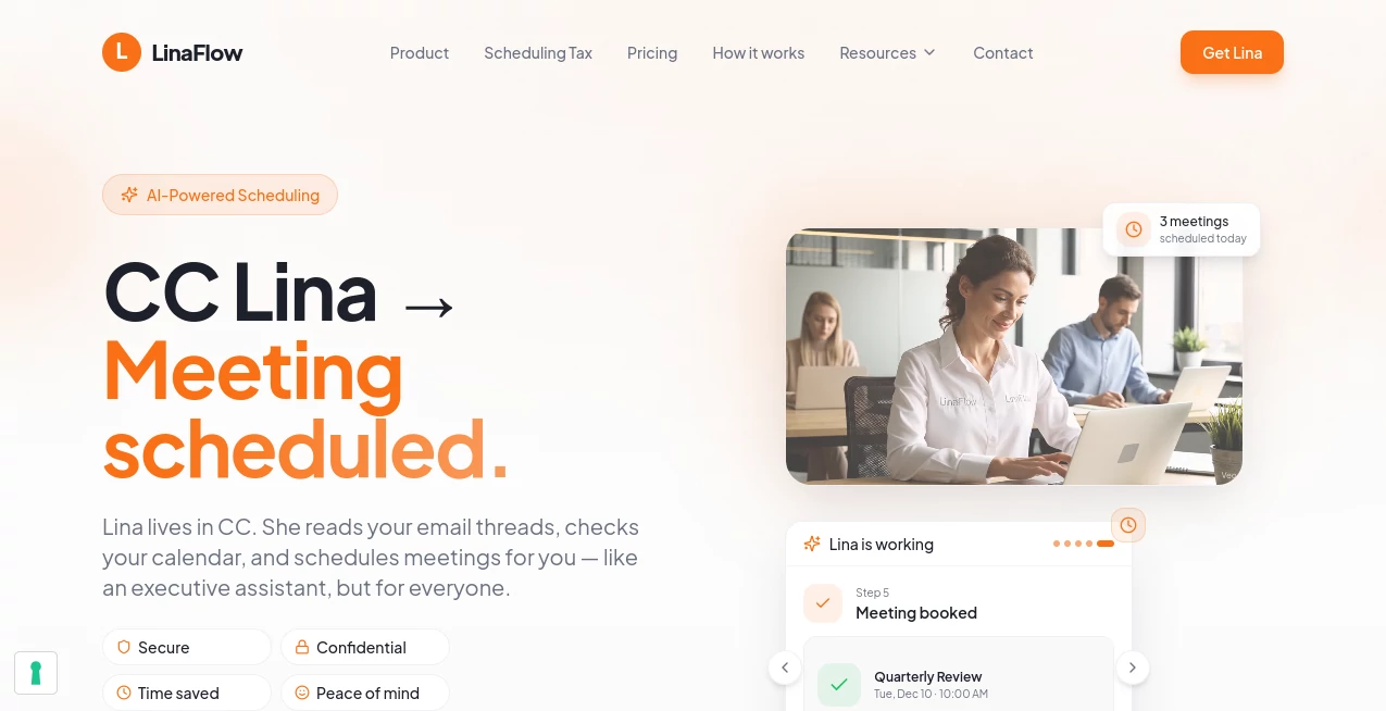 Screenshot of LinaFlow – An AI tool in the ,AI Productivity Tools ,AI Meeting Assistant ,AI Workflow Management ,AI Scheduling  category, showcasing its interface and key features.