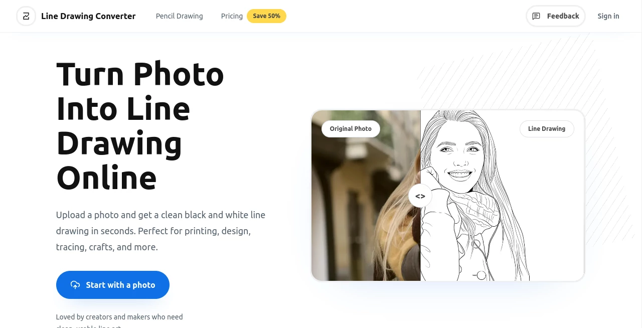 Screenshot of Line Drawing Converter – An AI tool in the ,AI Image to Image ,AI Art Generator  category, showcasing its interface and key features.