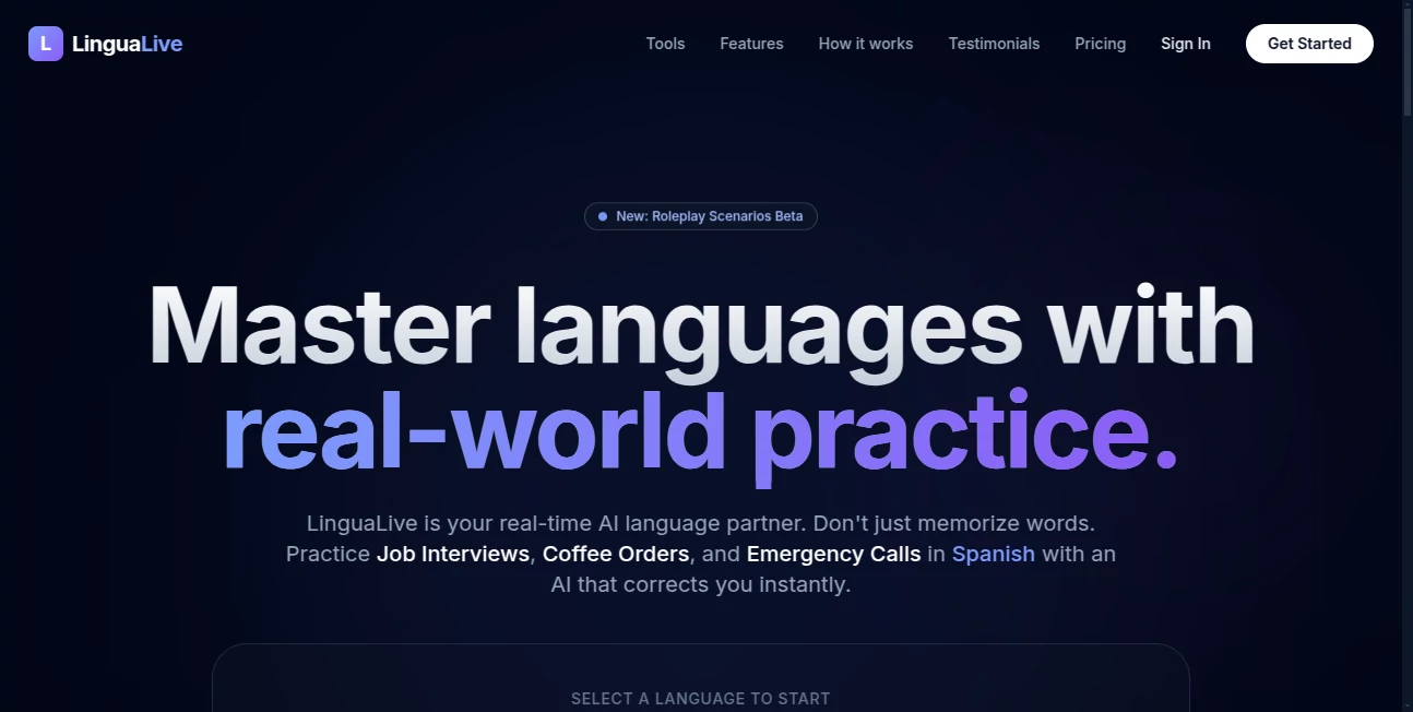 Screenshot of Lingua Live – An AI tool in the ,AI Voice Chat Generator ,AI Education Assistant ,AI Coaching  category, showcasing its interface and key features.
